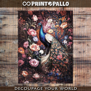Peacock in garden flowers galore tissue paper