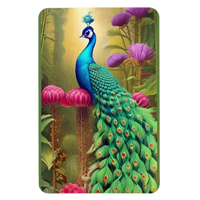 Peacock in Pink Garden Forest Magnet (Vertical)