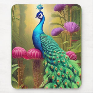 Peacock in Pink Garden Forest Mouse Mat