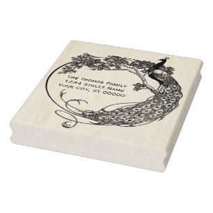 Peacock In Round Frame Art Nouveau Name Address  Rubber Stamp