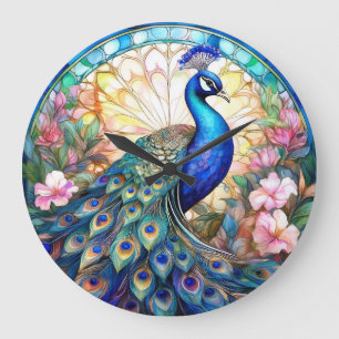 Peacock in Stained Glass and Watercolor Large Clock
