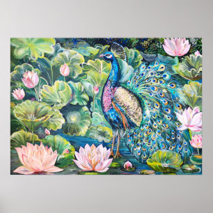 Peacock in the Pink Lotus pond Poster