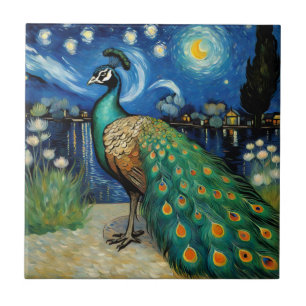 Peacock in the Starry Night by Van Gogh Tile
