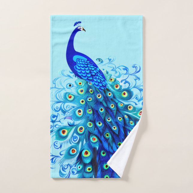 Peacock in Turquoise and Cobalt Blue  Bath Towel Set (Hand Towel)