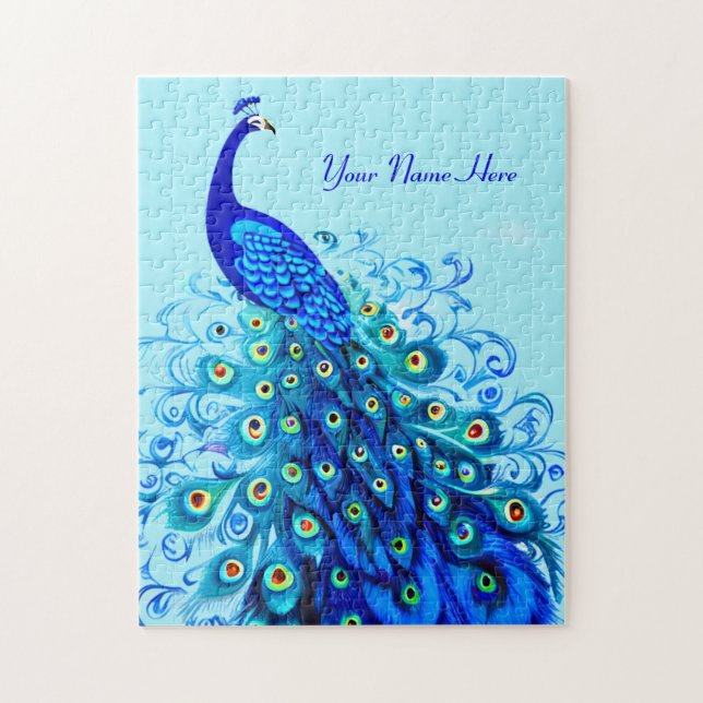 Peacock in Turquoise and Cobalt Blue  Jigsaw Puzzle (Vertical)