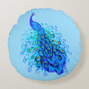 Peacock in Turquoise, Cobalt Blue and Aqua  Round Cushion