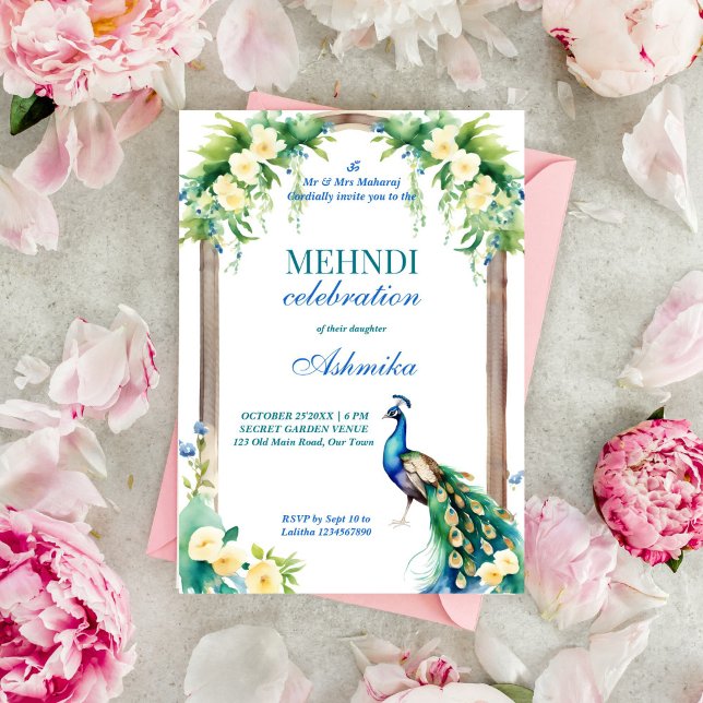 Peacock jasmine arch Indian wedding mehndi Invitation (Peacock jasmine garden arch Indian wedding mehndi template invitation instant digital download)