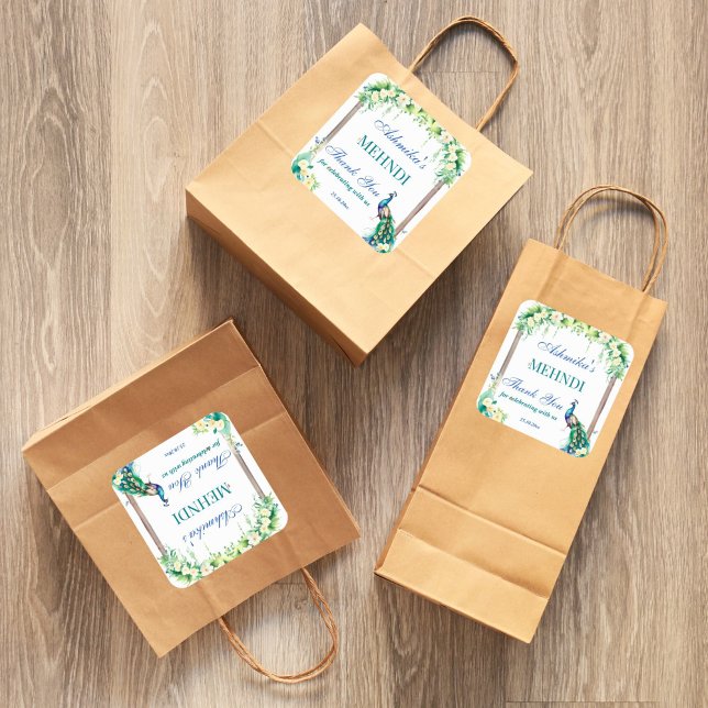 Peacock jasmine blooms arch Indian wedding mehndi Square Sticker (Peacock jasmine Indian wedding mehndi favor gift thank you stickers mehandi favor stickers)