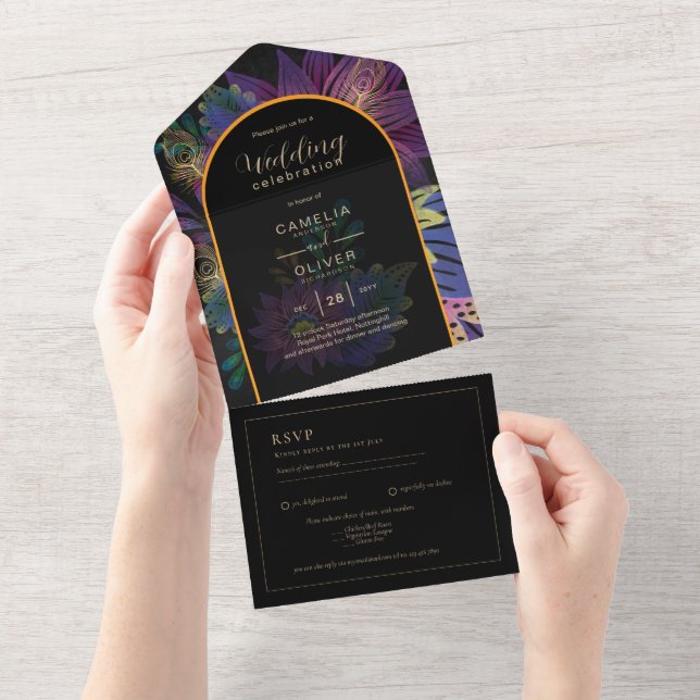 Peacock Jewel Tones Floral Wedding Celebration All In One Invitation (Tearaway)