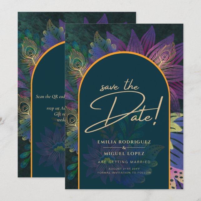 Peacock Jewel Tones Green Blue Wedding Invitation (Front/Back)