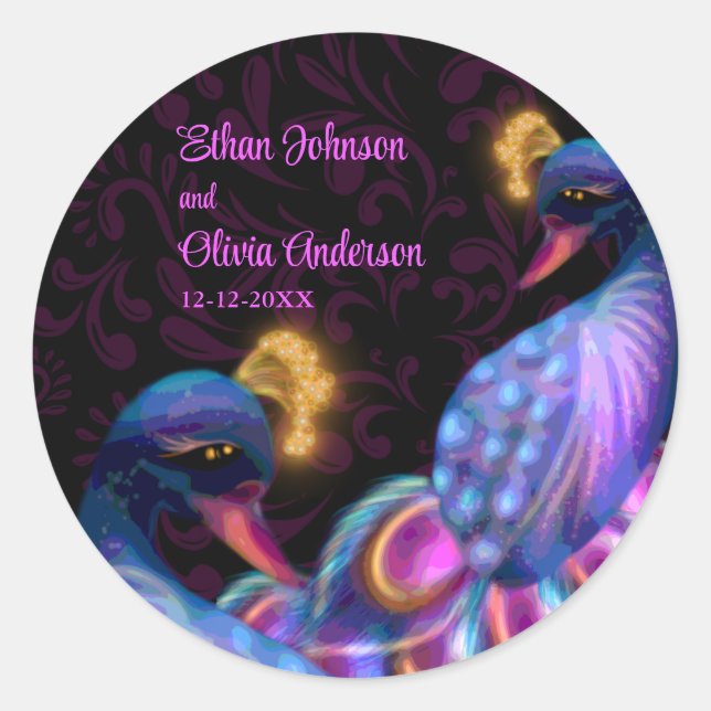 Peacock Jewel Tones Wedding Floral Moody purple Classic Round Sticker (Front)