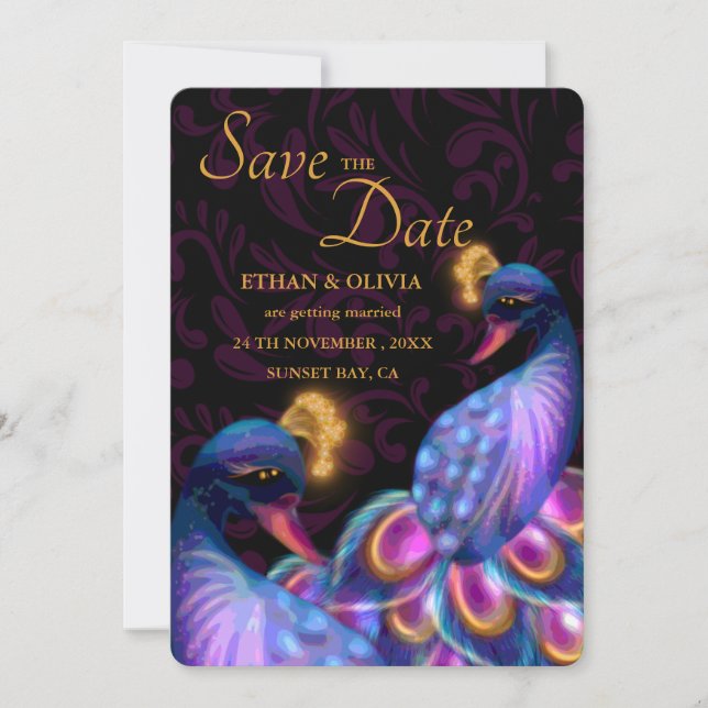 Peacock Jewel Tones Wedding Floral Moody purple Save The Date (Front)