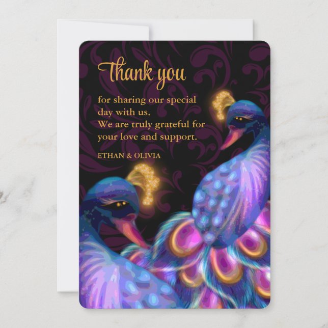 Peacock Jewel Tones Wedding Floral Moody purple Thank You Card (Front)