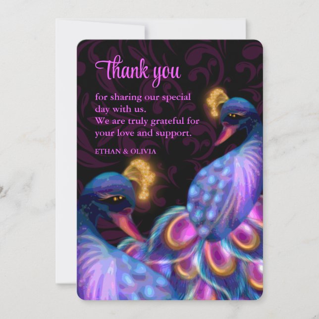 Peacock Jewel Tones Wedding Floral Moody purple Thank You Card (Front)