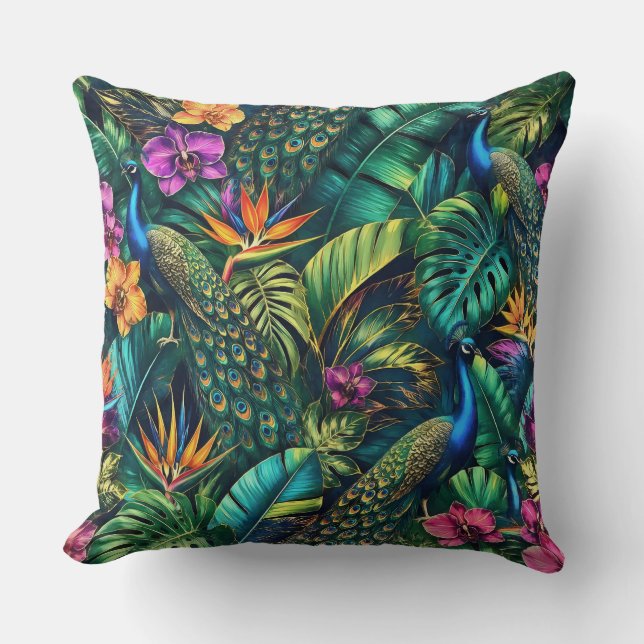 Peacock Jungle Dreams Seamless Surface Pattern Cushion (Front)