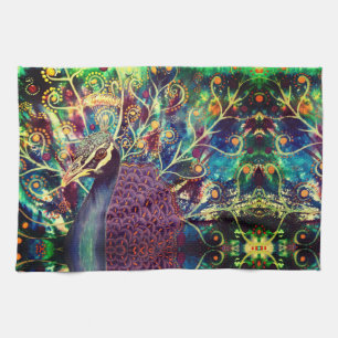 Peacock kaleidoscope colourful boho abstract art  tea towel