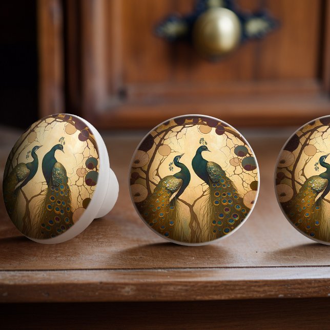 Peacock Klimt Gold Green Decor Art Nouveau Ceramic Knob (Creator Uploaded)