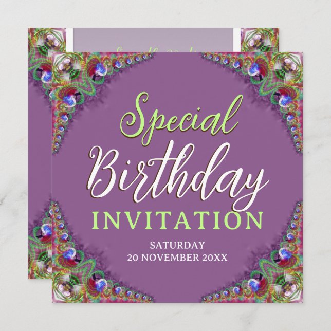 Peacock Lace Fractals Special Birthday Party Invitation (Front/Back)