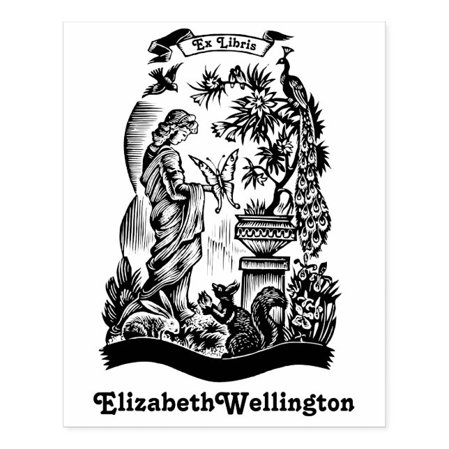 Peacock, Lady, Butterfly, Rabbit Ex Libris Book Rubber Stamp (Imprint)