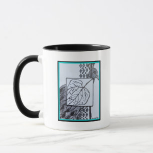Peacock & Leaf Blk & Whit Ink Turquoise Border. Mug