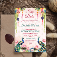 Peacock lotus Indian wedding save the date