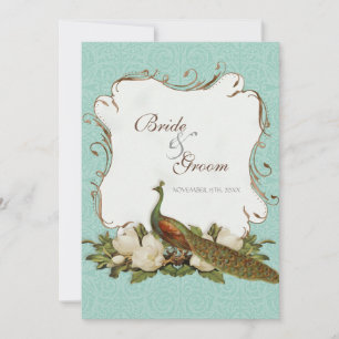 Peacock Magnolia Floral Swirl Damask Wedding Invitation