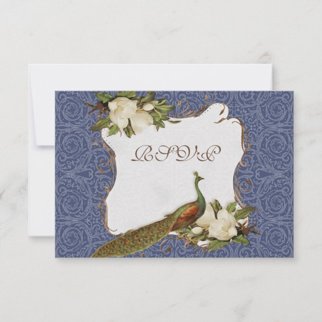 Peacock Magnolia Floral Swirl Damask Wedding Navy RSVP Card (Front)