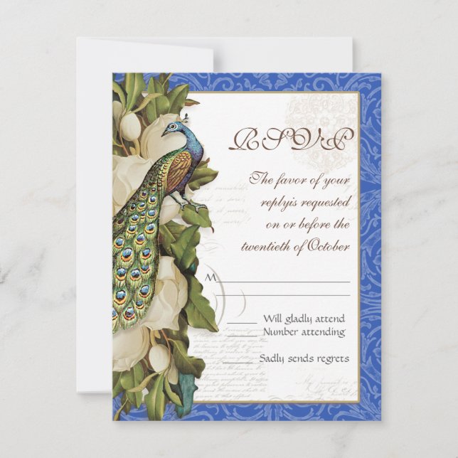 Peacock Magnolia Floral Swirl Damask Wedding RSVP (Front)