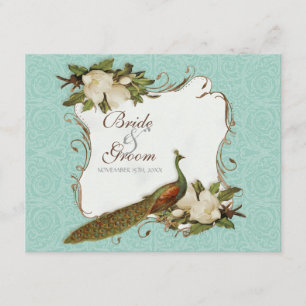 Peacock Magnolia Floral Swirl Damask Wedding RSVP Card