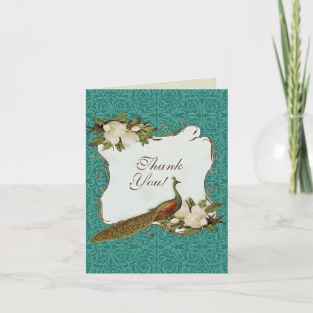Peacock Magnolia Floral Swirl Damask Wedding Thank You Card (Front)