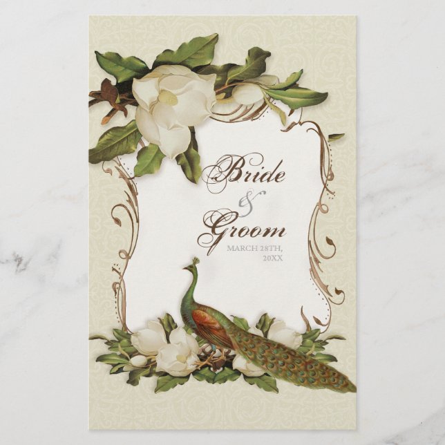 Peacock Magnolia Swirl -  Dinner Menu Card (Front)