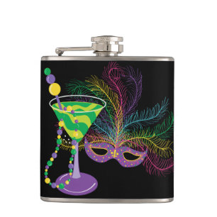 Peacock Mask and Martini Mardi Gras Hip Flask
