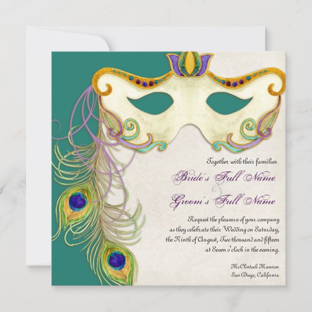 Peacock Masquerade Mask Ball - Wedding Invitation (Front)