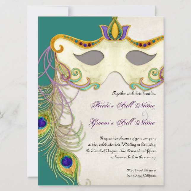 Peacock Masquerade Mask Ball - Wedding Invitation (Front)
