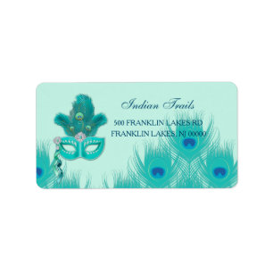 Peacock Masquerade Party Ball Turquoise Feathers Label