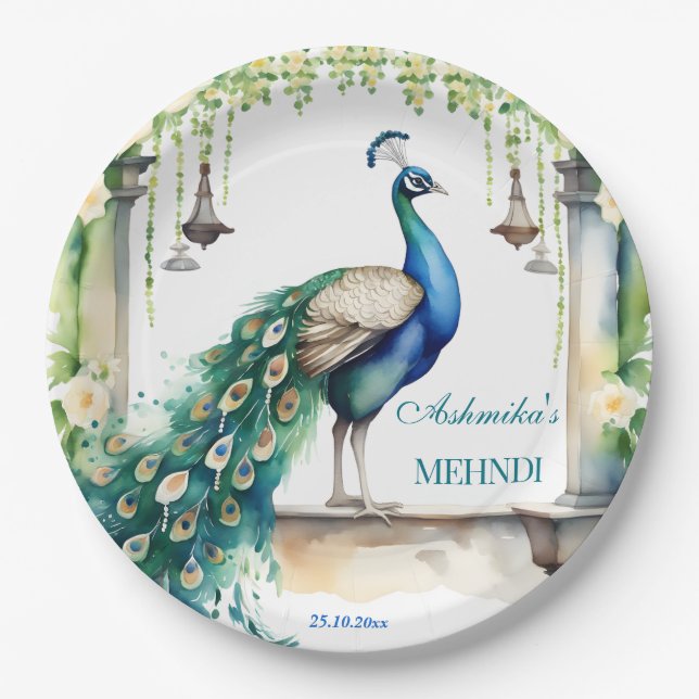 Peacock Mehndi  jasmine Indian wedding tableware Paper Plate (Front)