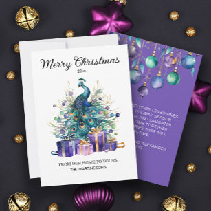 Peacock Merry Christmas Purple Blue Teal Holiday Card
