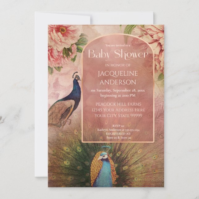Peacock Modern Arch Peony Flowers Baby Shower Invitation (Front)