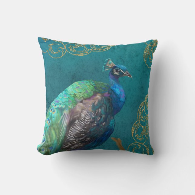 Peacock Modern Elegant Blue Painted w Gold Glitter Cushion (Front)