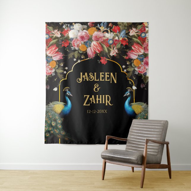 Peacock Moody Floral Indian Photo Backdrop Tapestry (In Situ)