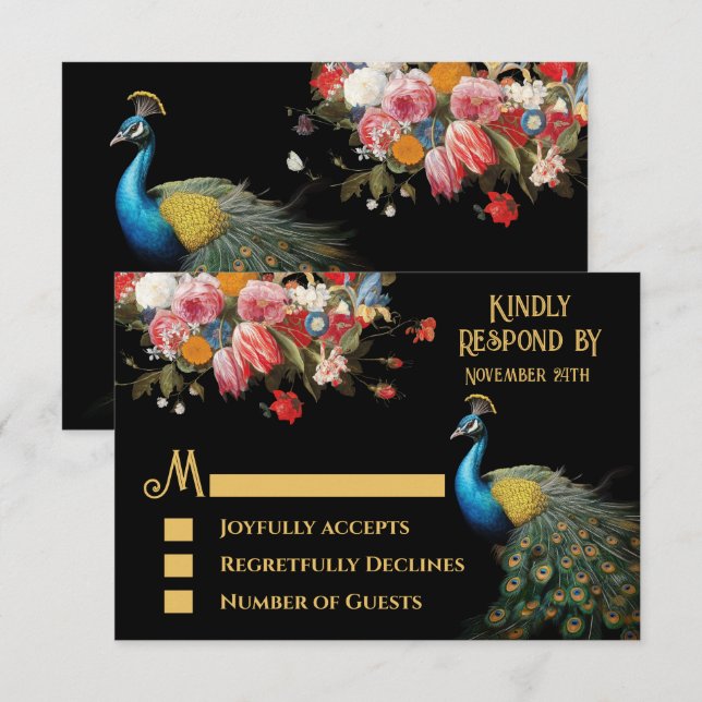 Peacock Moody Floral Indian Wedding RSVP Invitation (Front/Back)