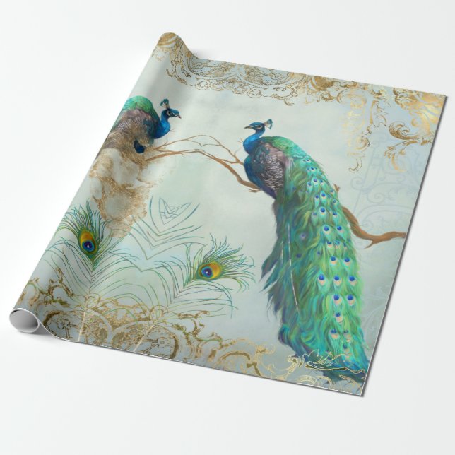 Peacock n Feathers Pair Blue Gold Decoupage Wrapping Paper (Unrolled)