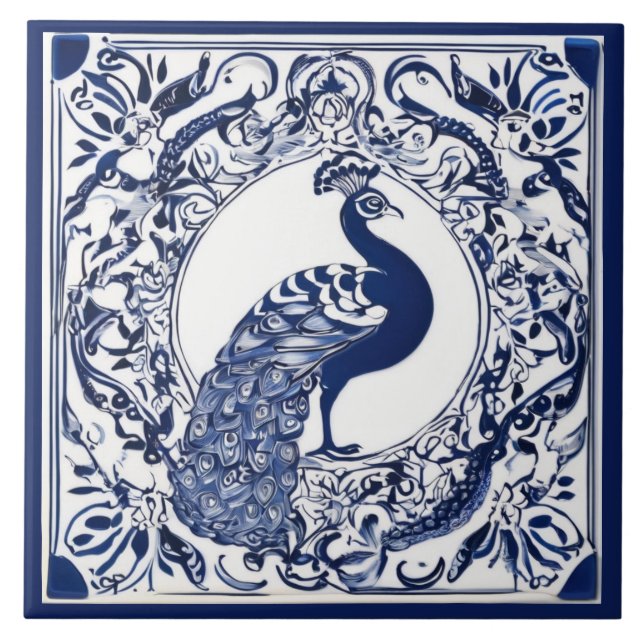 Peacock Navy Dark Blue and White Folk Animal Art Tile (Front)