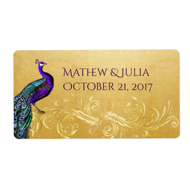 Peacock on Gold Custom Wedding Mini Wine Labels (Front)