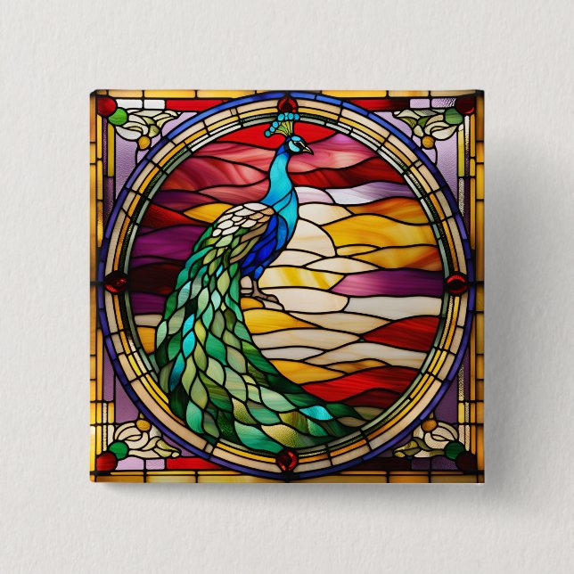Peacock on Pink 15 Cm Square Badge (Front)