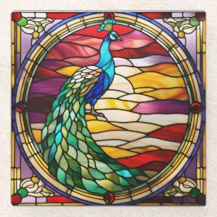 Peacock on Pink Glass Coaster