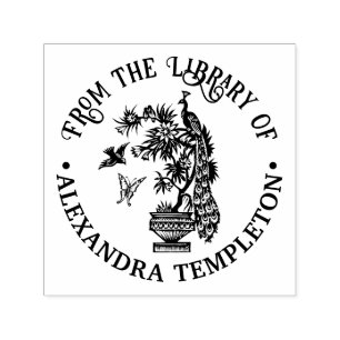 Peacock on Plant Butterfly Bird Library Book Name Self-inking Stamp