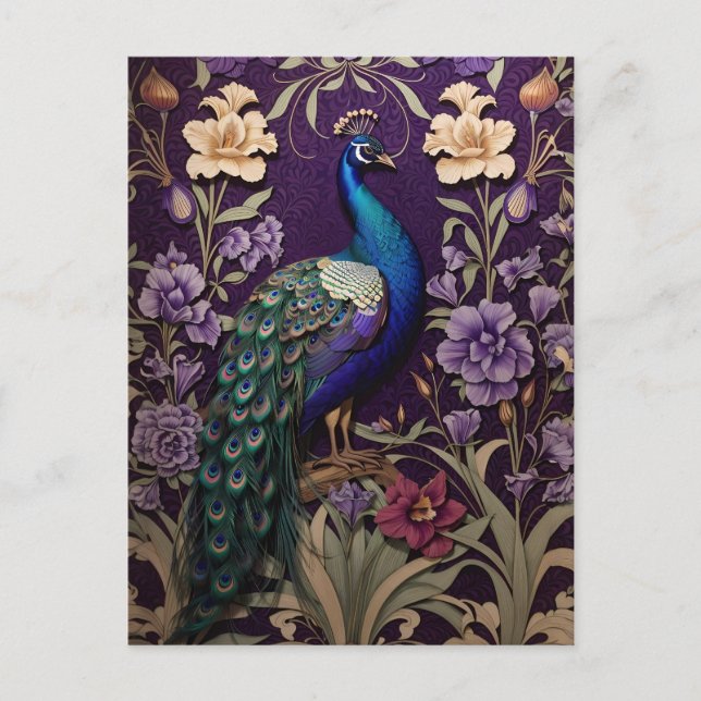 Peacock On Purple William Morris Inspired Postcard (Front)