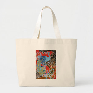 Peacock on Red Large Tote Bag