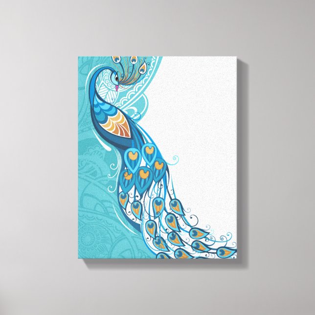 Peacock on Teal Illustration Canvas Print (Front)